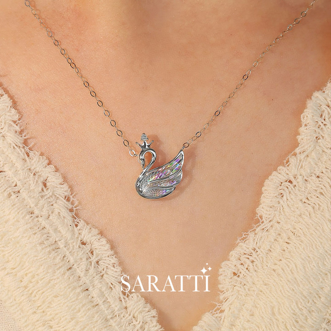 Model wears the White Yellow Golden Swan Diamond Drop Necklace | Saratti