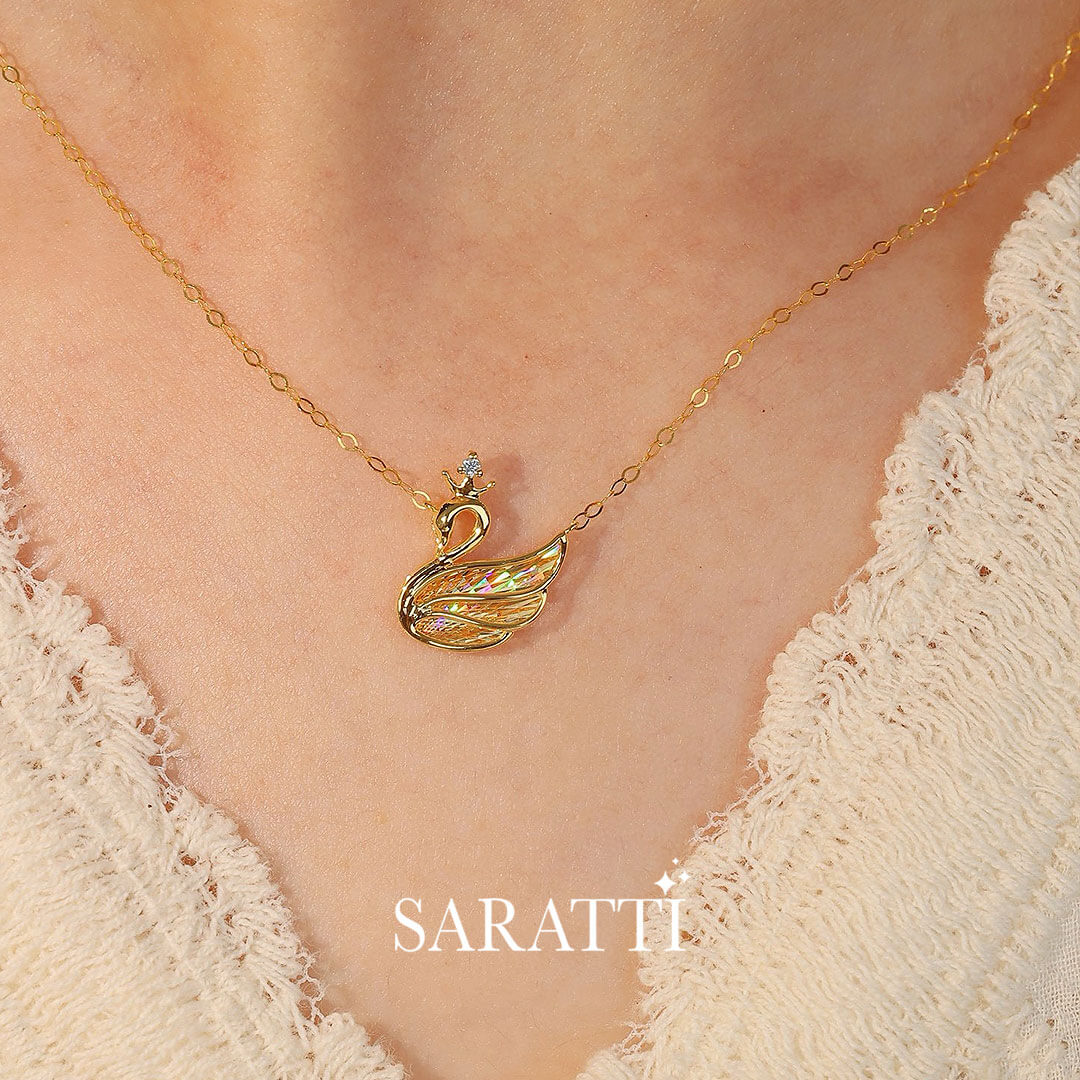 Model Wears the Yellow Golden Swan Diamond Drop Necklace | Saratti