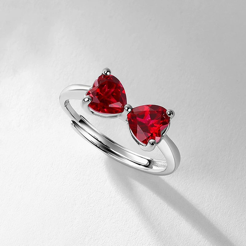 Scarlet Harmony: Double Heart Lab Grown Ruby Silver Ring