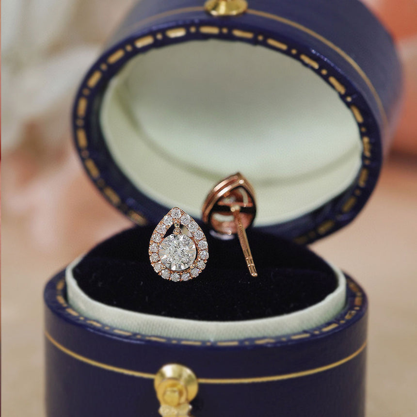 Stunning Teardrop Inspired Tiny Diamond Halo Stud Earrings in Ring Box | Saratti | Custom High and Fine Jewelry