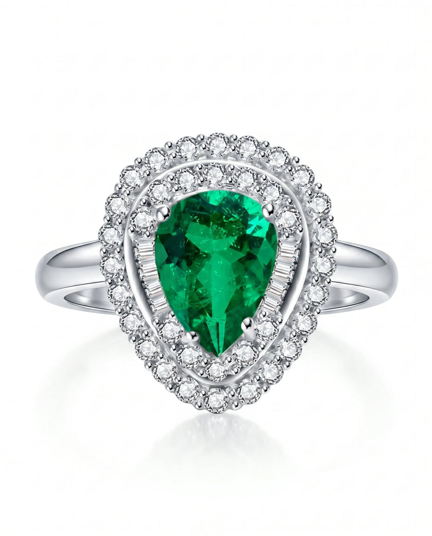 Teardrop emerald ring with diamonds in 18K white gold | SARATTI