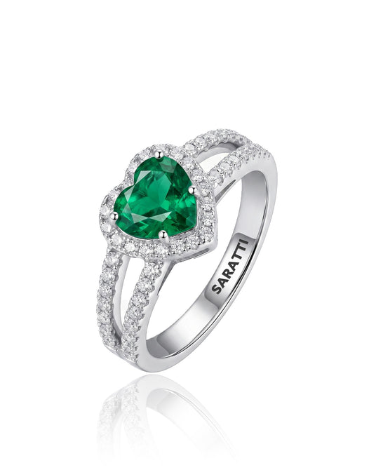 Teardrop emerald split shank ring in 18K white gold | SARATTI