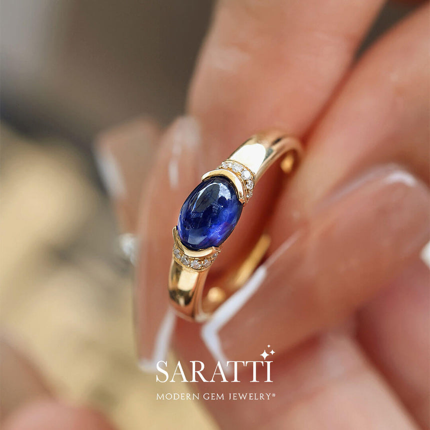 Tension Set Royal Blue Oval Sapphire Gold Ring | Modern Gem Jewelry | Saratti