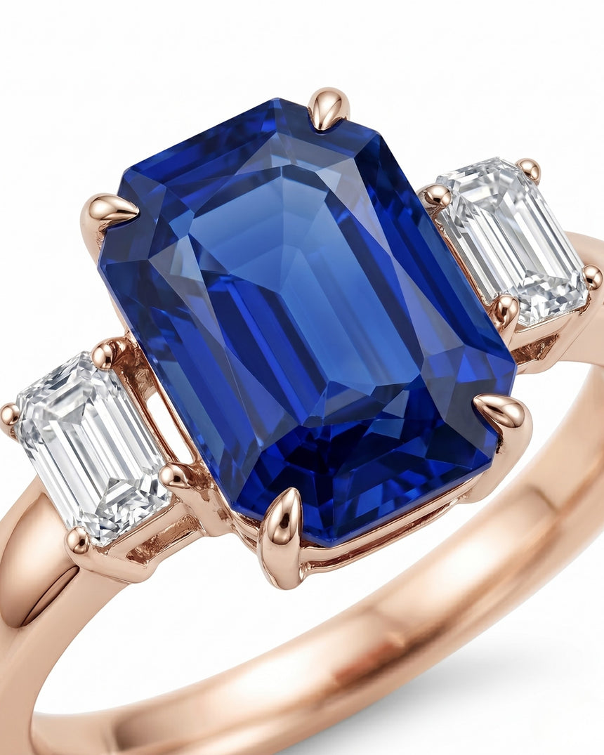 Three-stone sapphire ring with step-cut diamonds and architectural 18K rose gold setting | SARATTI