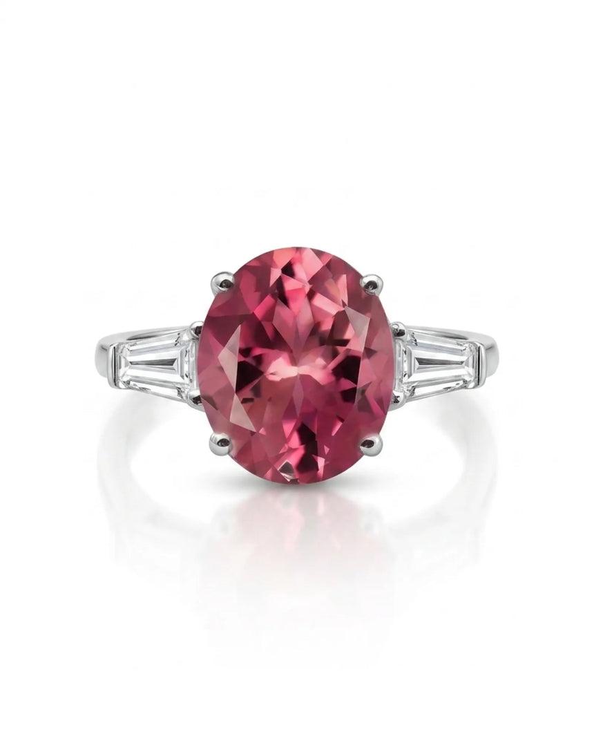 Three-stone tourmaline ring with pink oval gemstone and refined platinum diamond accents | SARATTI