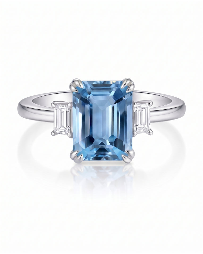 Three stone aquamarine ring with emerald cut diamonds in 18K White Gold | SARATTI