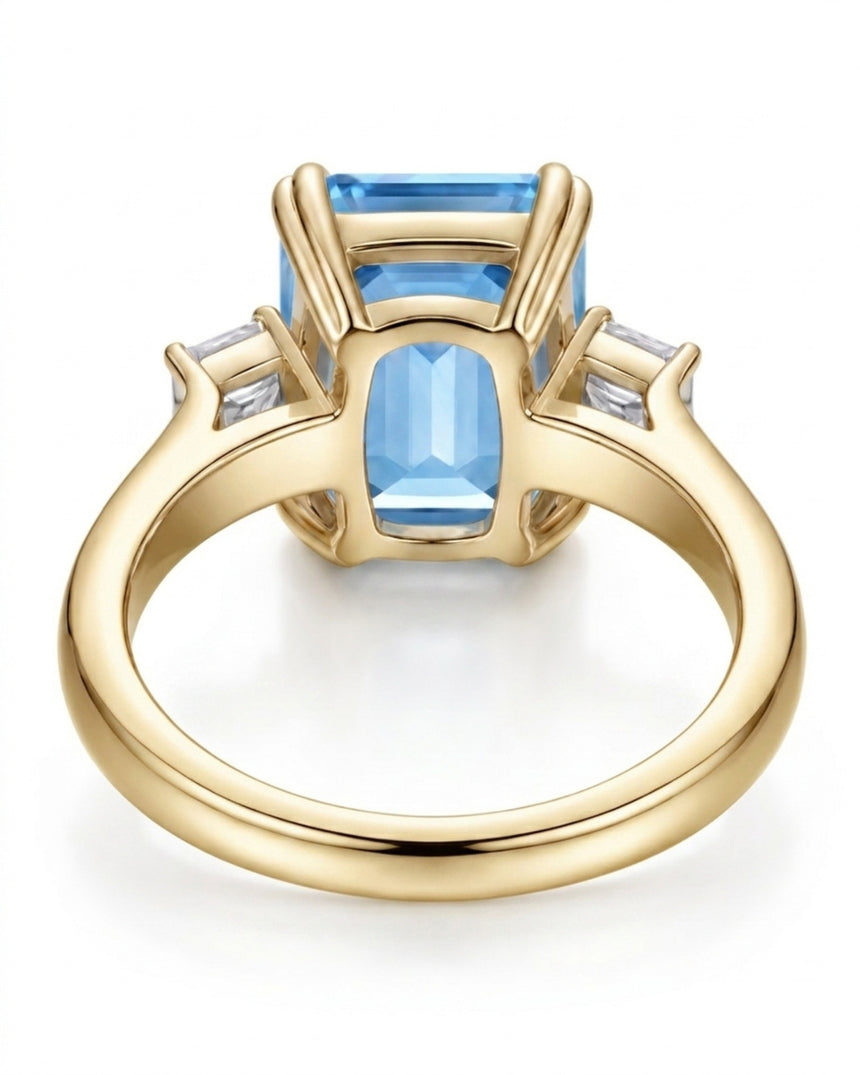 Three stone aquamarine ring with geometric diamond accents in 18K Yellow Gold | SARATTI