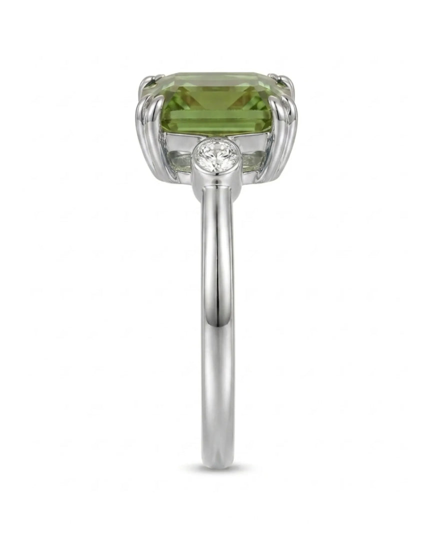 Three stone green tourmaline engagement ring with diamonds in premium platinum | SARATTI