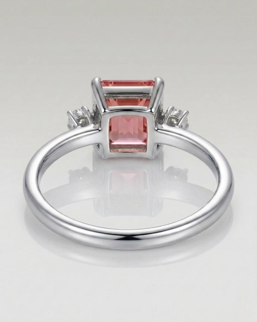Three stone pink tourmaline engagement ring with diamonds in 18K white gold | SARATTI