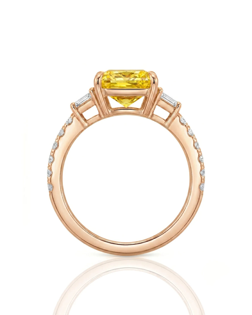 Three stone yellow sapphire ring with architectural diamond accents in 18K rose gold | SARATTI
