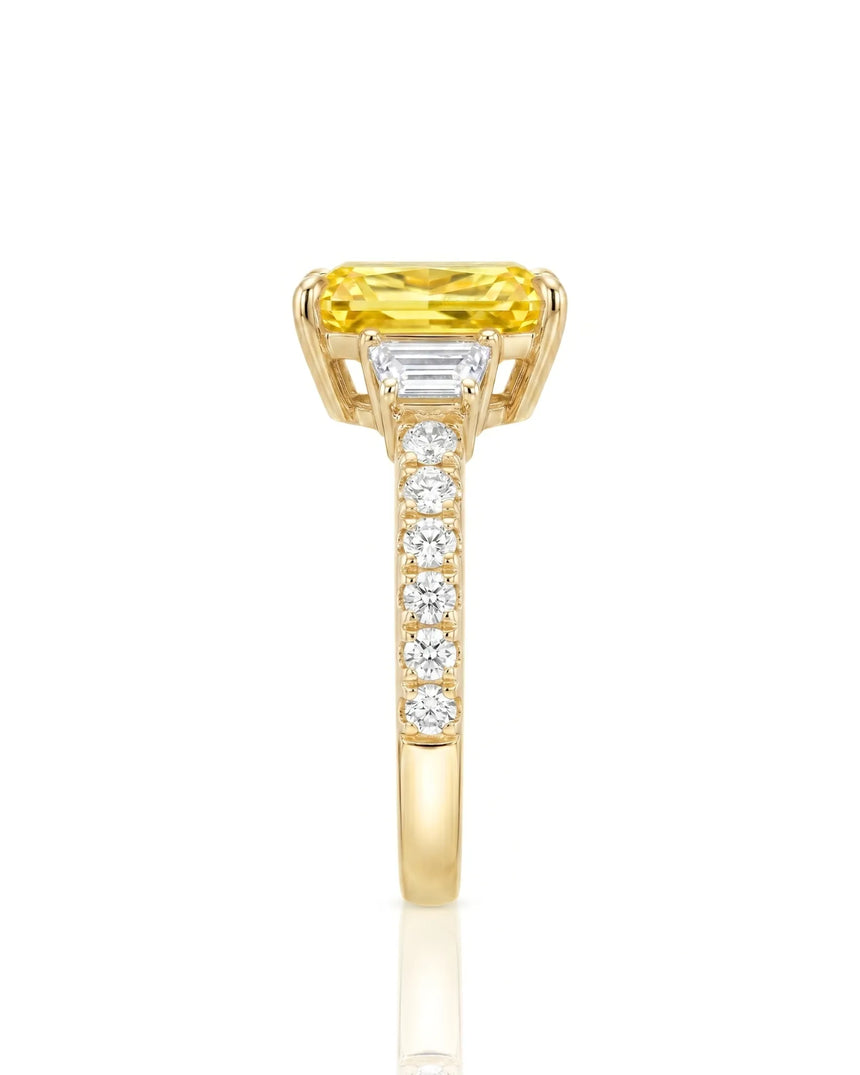 Three stone yellow sapphire ring with architectural diamond accents in 18K yellow gold | SARATTI