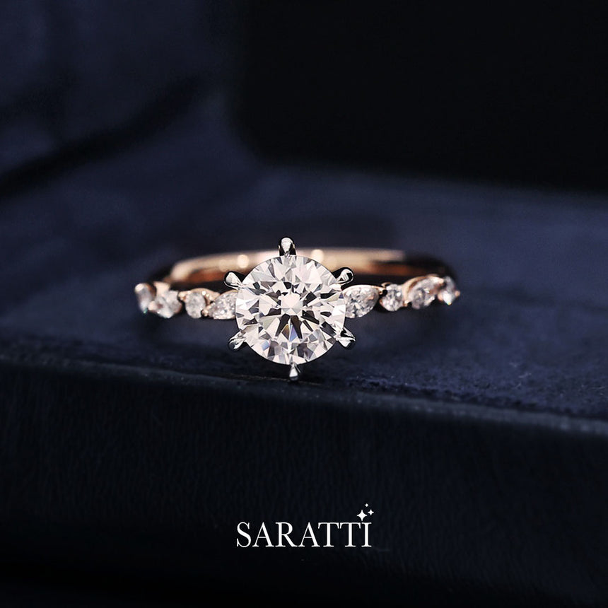 Six Prong Diamond Engagement Ring with Diamond Accents | Saratti