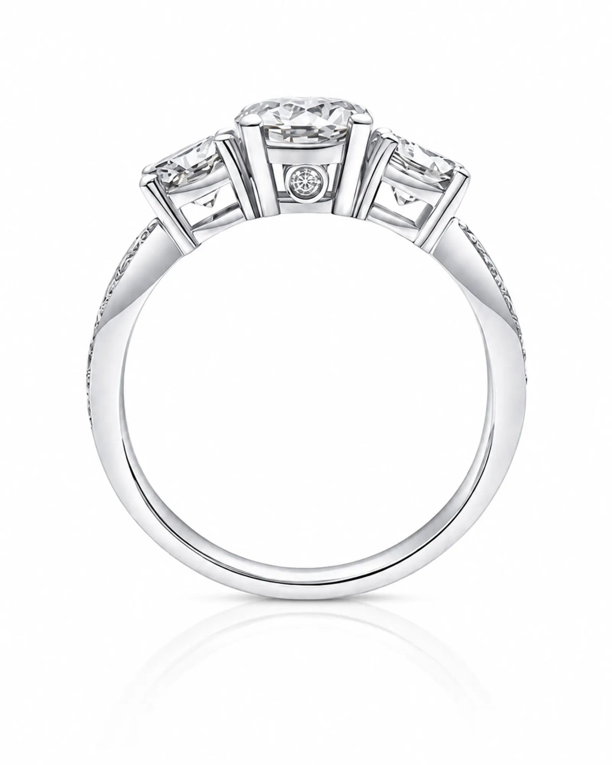 Timeless three-stone platinum moissanite engagement ring created for an enduring proposal | SARATTI