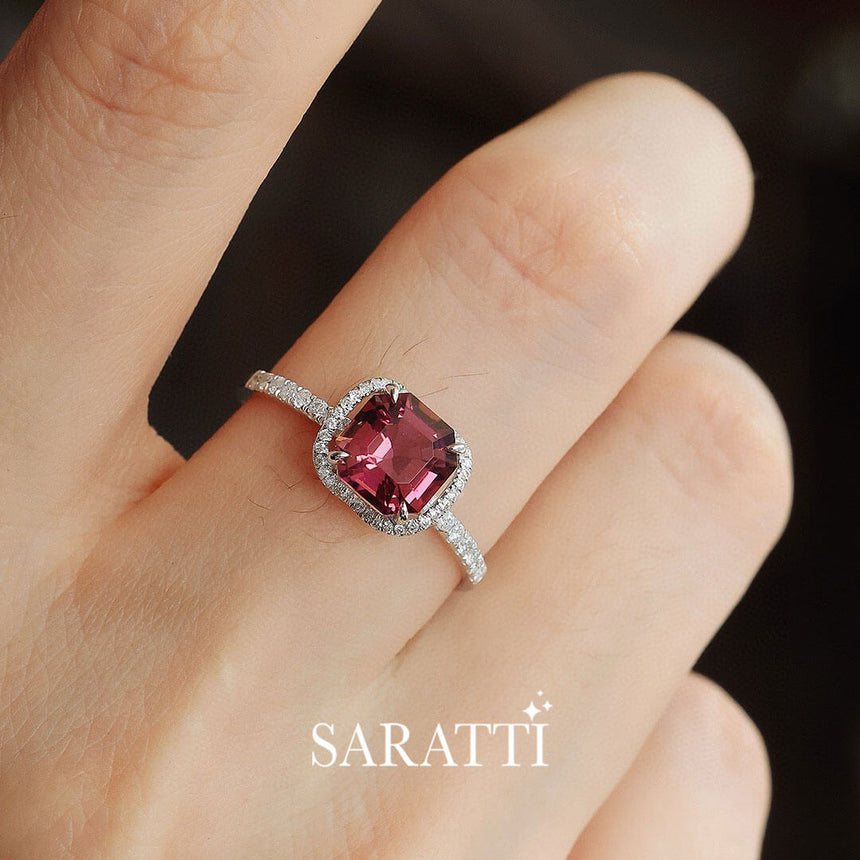 Model wears the White Gold  Regina Rouge Red Tourmaline and Diamond Ring | Saratti Fine Jewelry