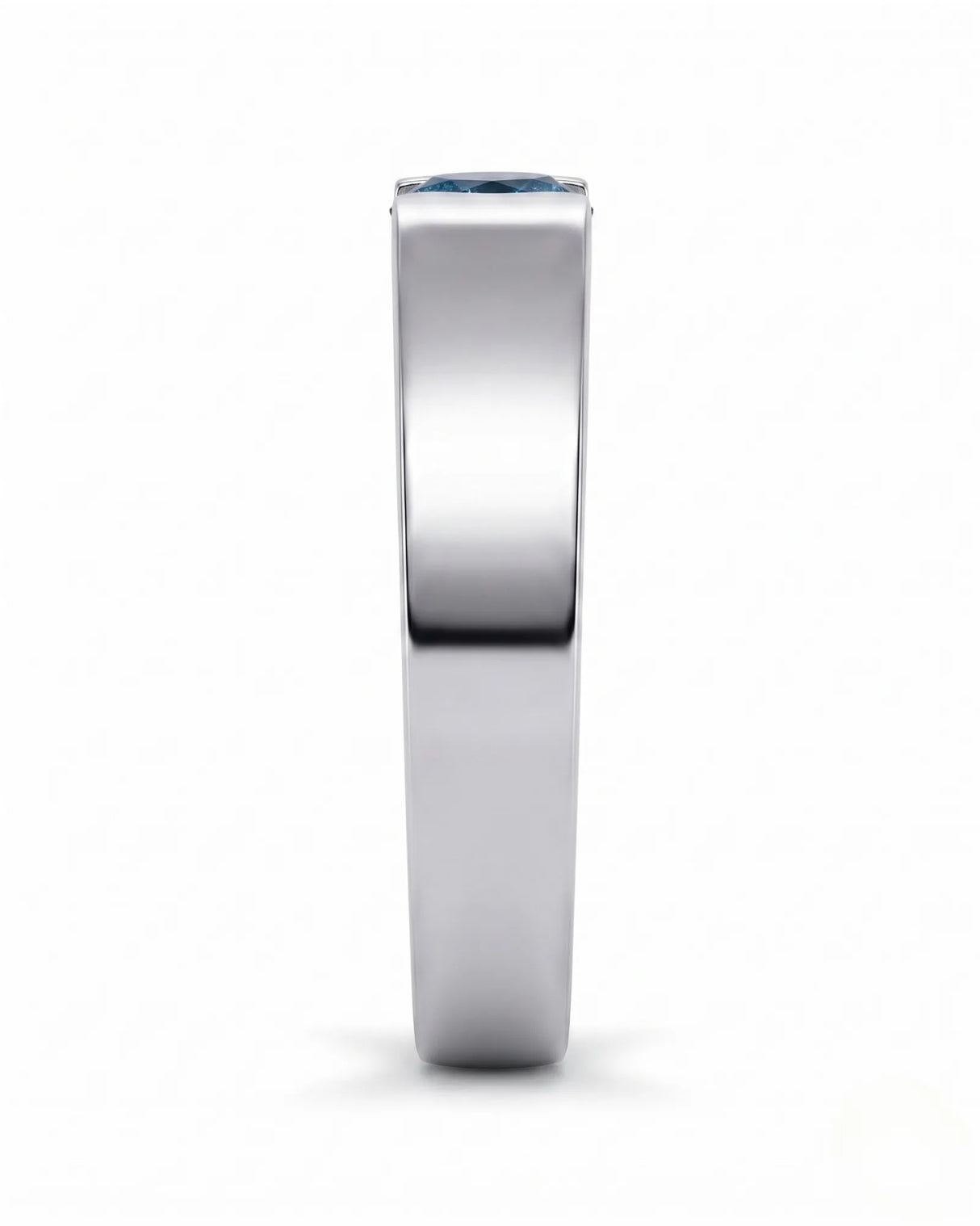 Treated blue diamond men’s wedding band worn on hand in polished 18K white gold | SARATTI