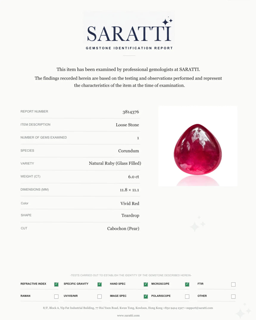 Treated glass-filled Ruby loose stone detailed view | SARATTI
