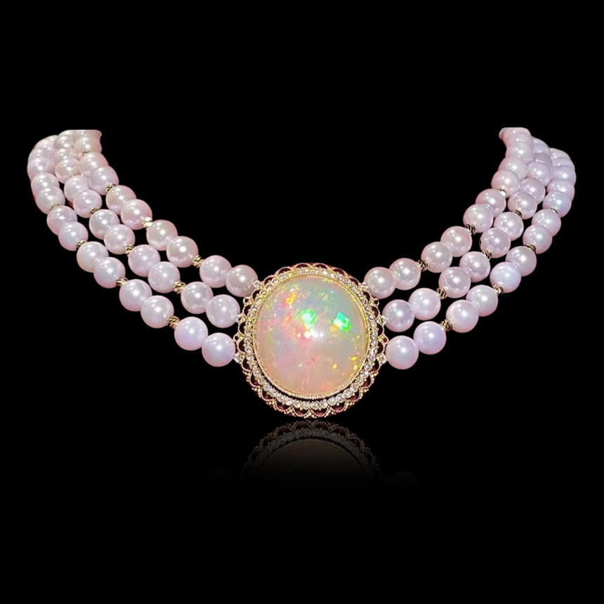 Aurora's Treasure - Triple Strand Akoya Pearl & Opal Statement Necklace