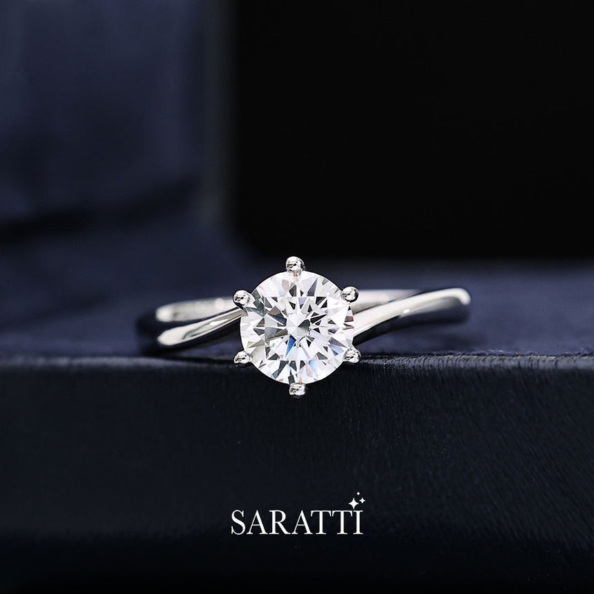 Round Diamond Twisted Shank Engagement Ring in 18K White Gold | Saratti Jewelry