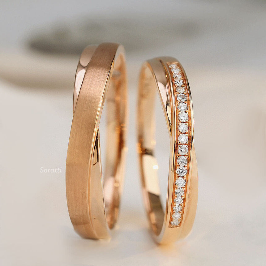 18 K Rose Gold Classic Diamond Half Eternity Band Pair | Saratti