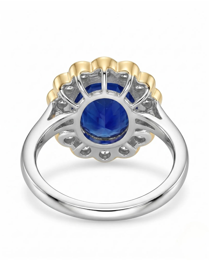 Two-tone floral sapphire ring with scalloped diamond halo -- SARATTI