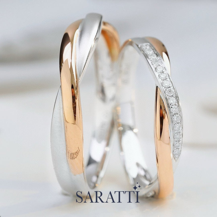 Two Tone White and Rose Gold Diamond Wedding Bands for Him & Her | SARATTI