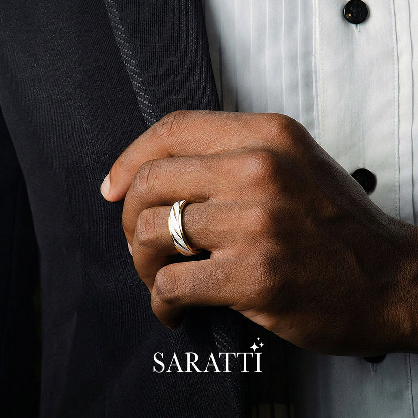 Two tone vector men’s wedding band 18k yellow white gold brushed band | SARATTI