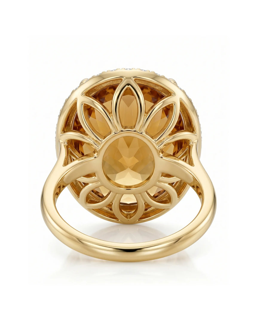 Underside gallery sunburst design Imperial Topaz ring yellow gold | SARATTI