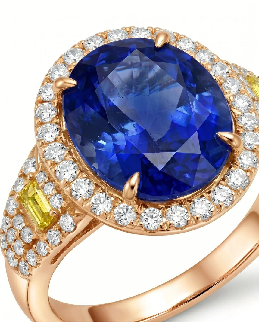 Unheated oval blue sapphire ring with colorless diamonds and yellow diamonds in 18K rose gold | SARATTI