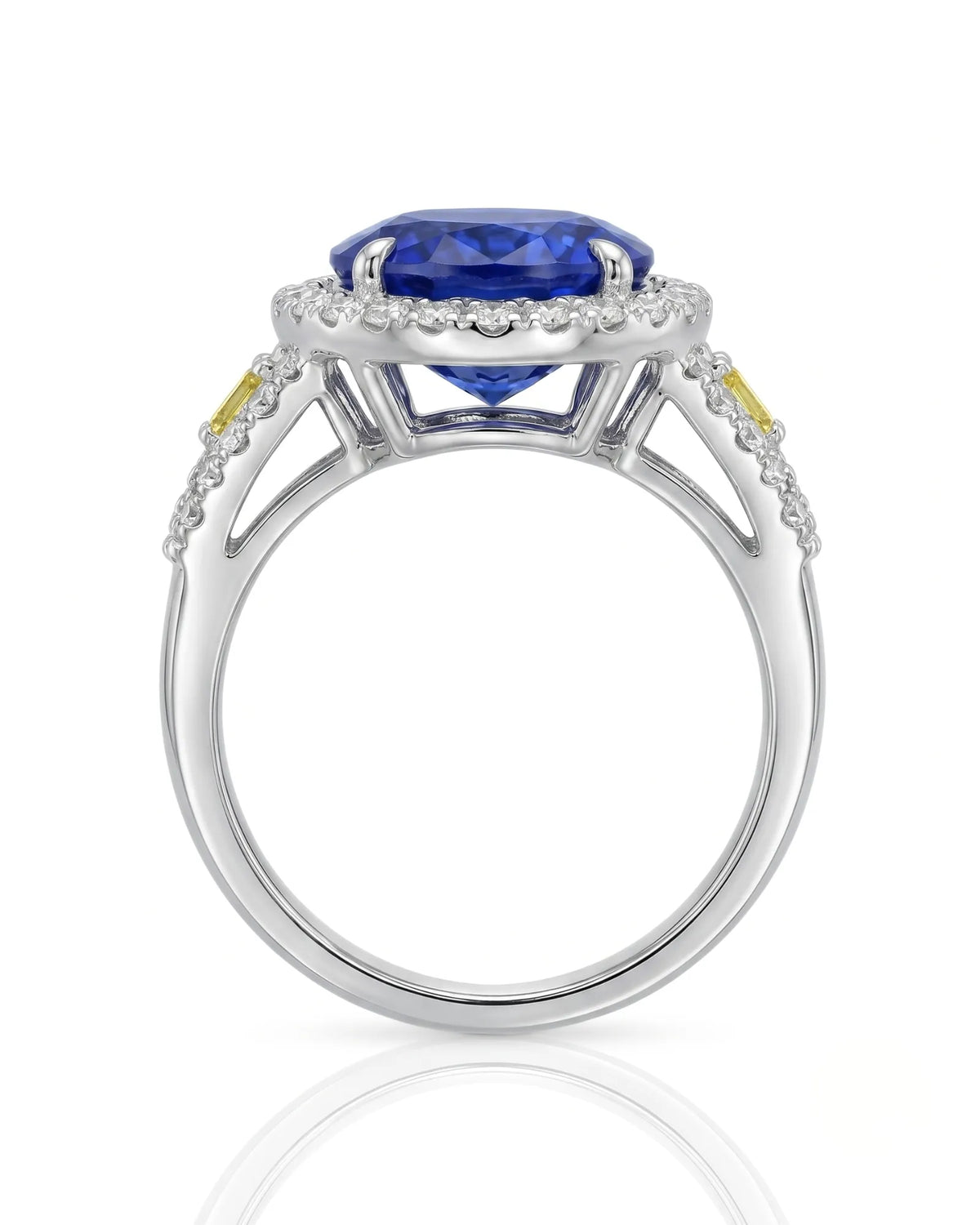 Unheated oval blue sapphire ring with colorless diamonds and yellow diamonds in 18K white gold - SARATTI