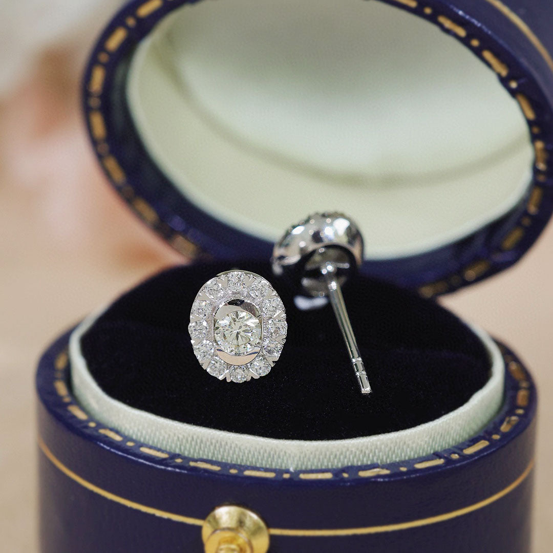 Bezel Oval Diamond Halo Earrings in Ring Box | Saratti | Custom High and Fine Jewelry 