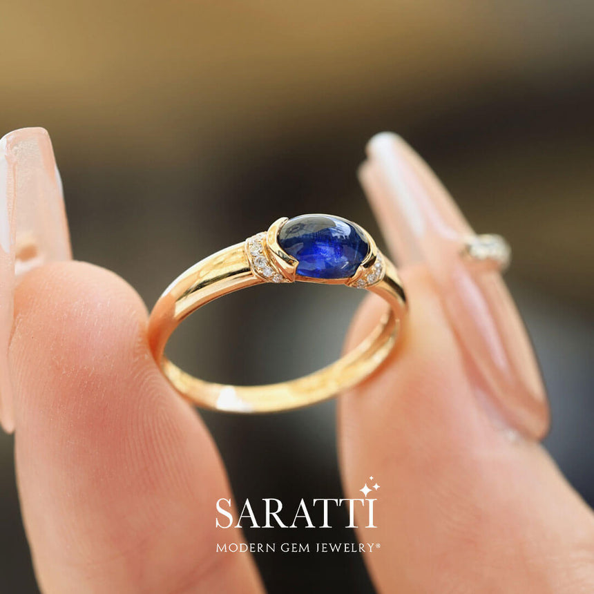 Unique Tension Set Royal Blue Sapphire Gold Ring | Modern Gem Jewelry | Saratti