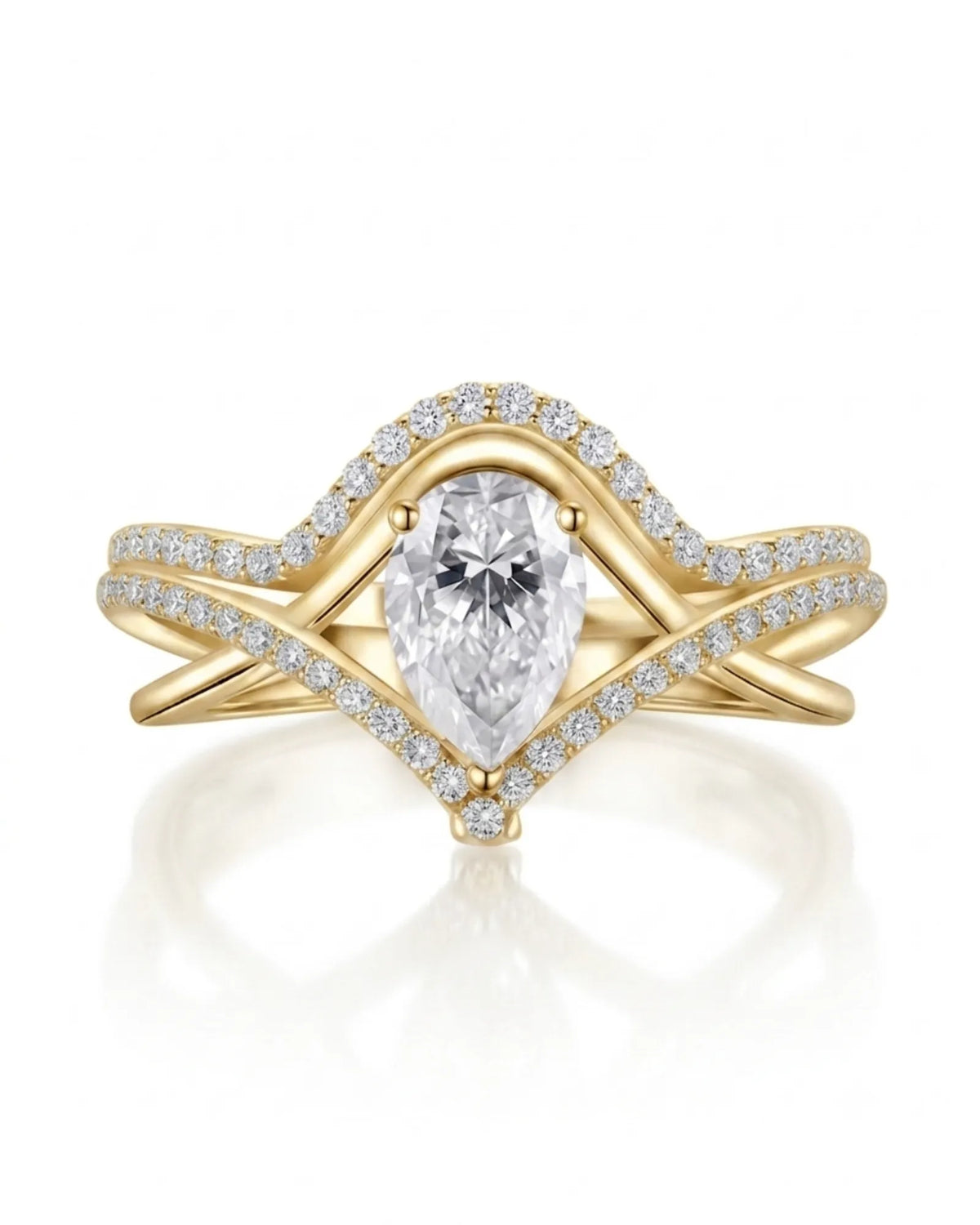 V-shaped pear moissanite engagement ring with open split shank and curved yellow gold wedding band | SARATTI