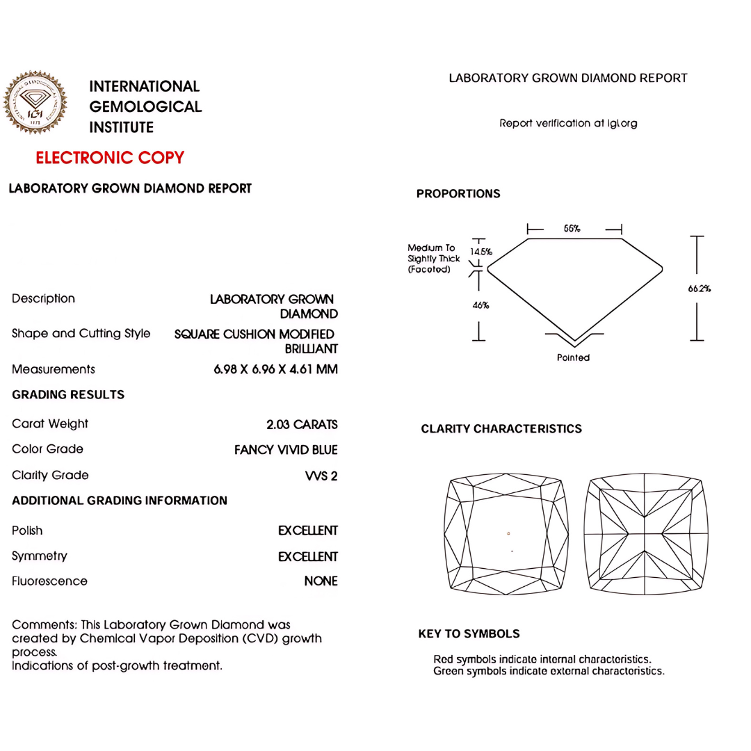 VVS 2 Fancy Vivid Blue Cushion Cut Lab Diamond Certificate | Saratti