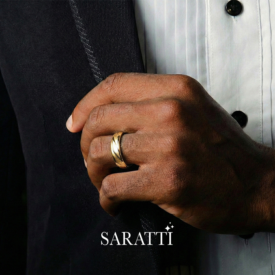 Vector engraved men’s wedding band 18k yellow gold brushed band | SARATTI