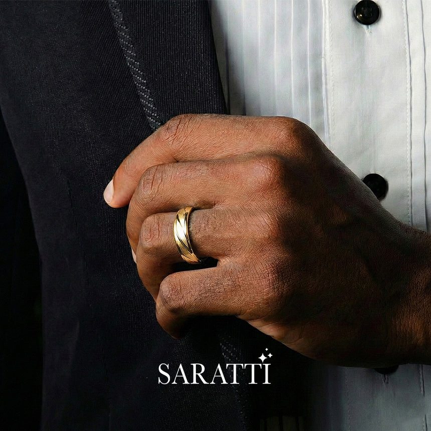 Vector engraved men’s wedding band 18k yellow gold brushed band | SARATTI