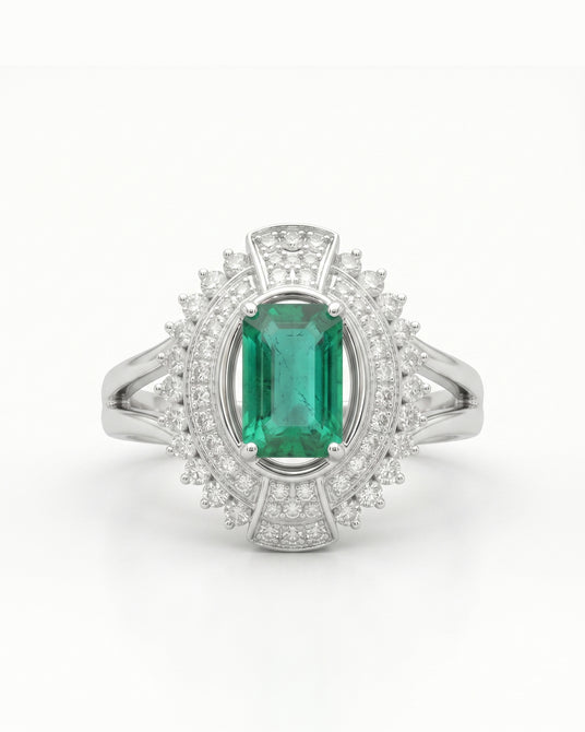 Verdant Orbit natural emerald and diamond halo ring in 18K White Gold | SARATTI