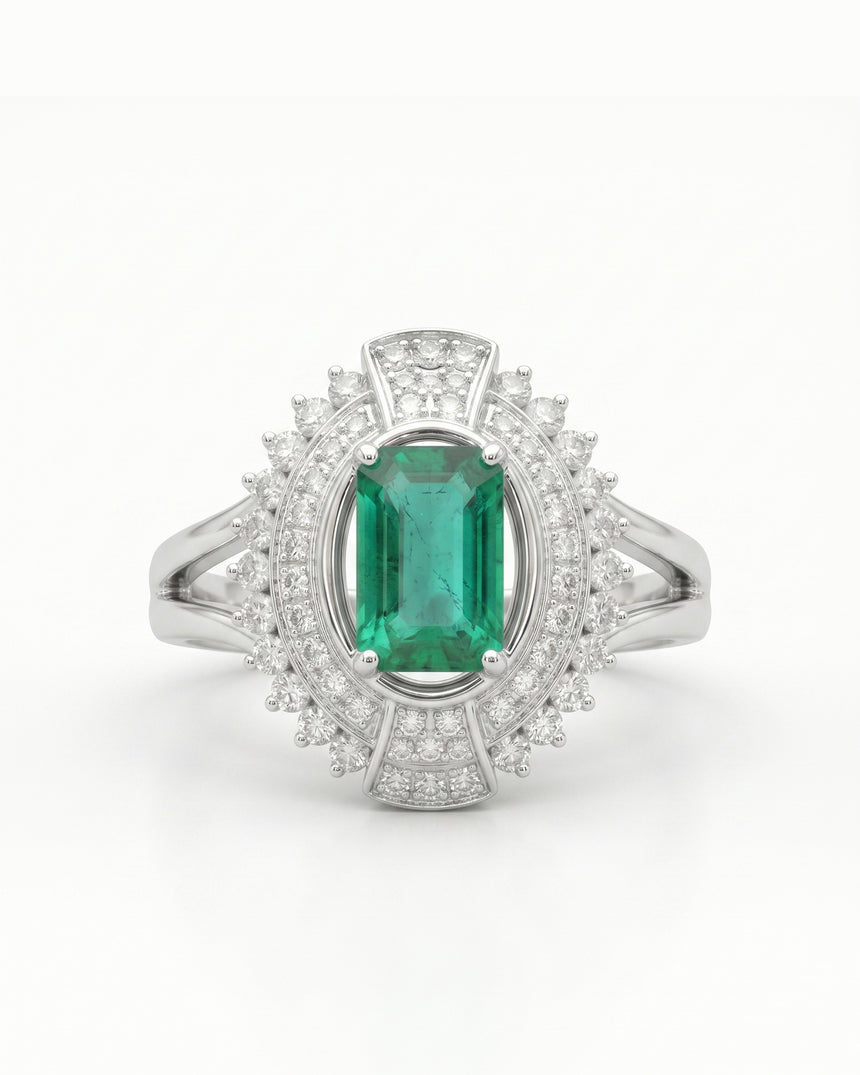Verdant Orbit natural emerald and diamond halo ring in 18K White Gold | SARATTI