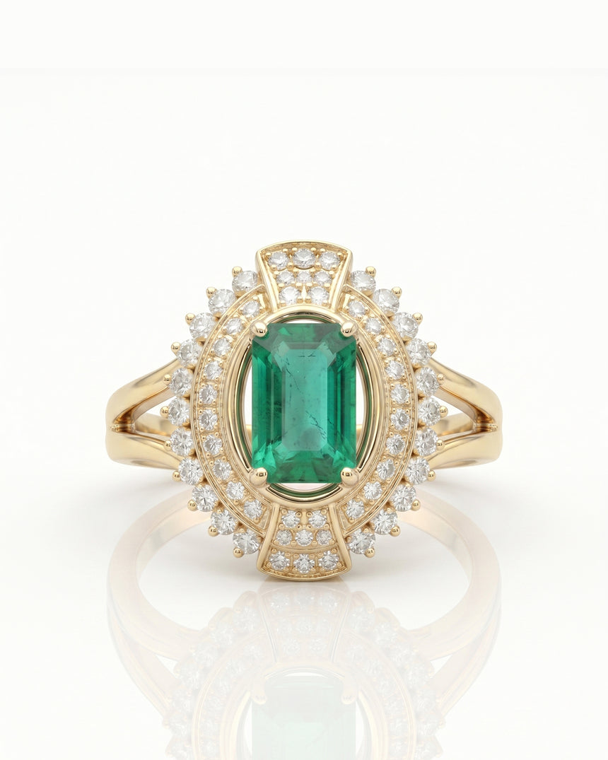 Verdant Orbit natural emerald and diamond halo ring in 18K Yellow Gold | SARATTI