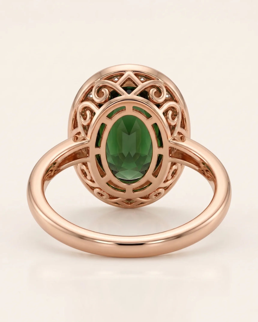 Verdantia diamond halo tourmaline ring with oval green gemstone in 18K rose gold | SARATTI