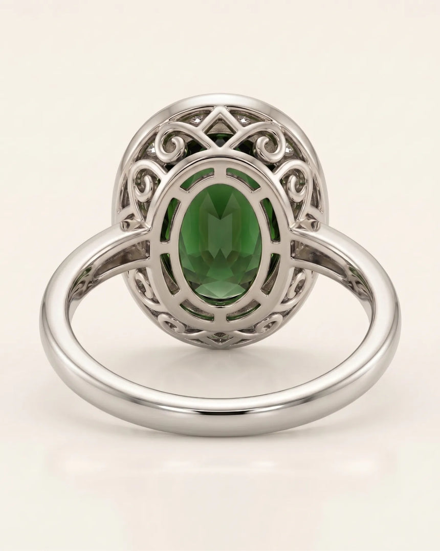 Verdantia diamond halo tourmaline ring with oval green gemstone in 18K white gold | SARATTI