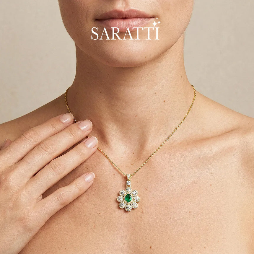 Verde Fleur floral emerald pendant necklace in yellow gold tone | SARATTI