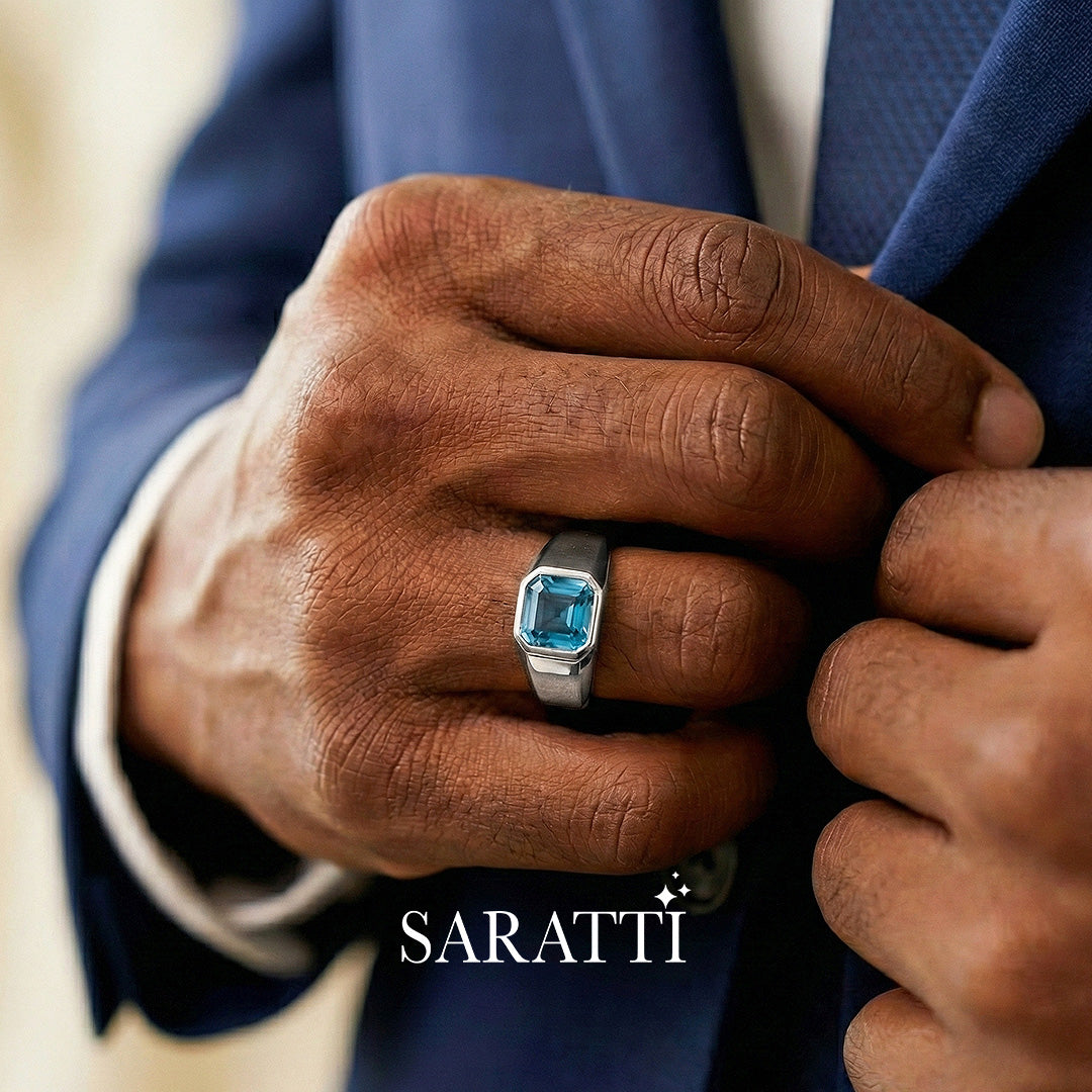 Mens blue topaz ring Asscher cut center stone detail in 18K white gold | SARATTI