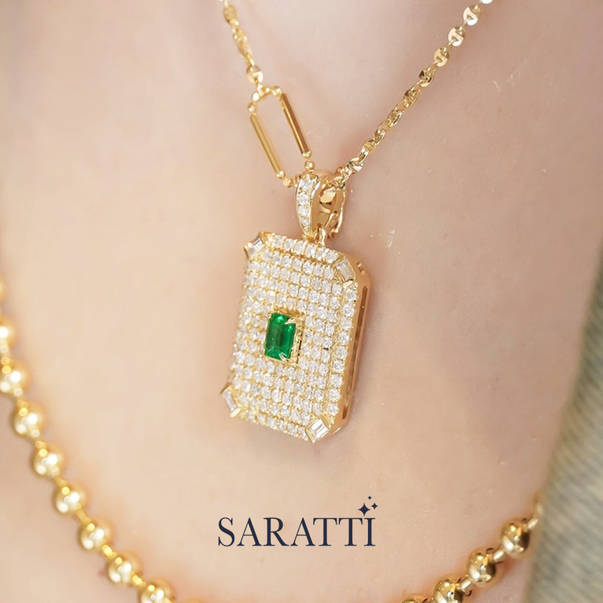 Hand-finished emerald pavillion pendant with architectural symmetry | SARATTI
