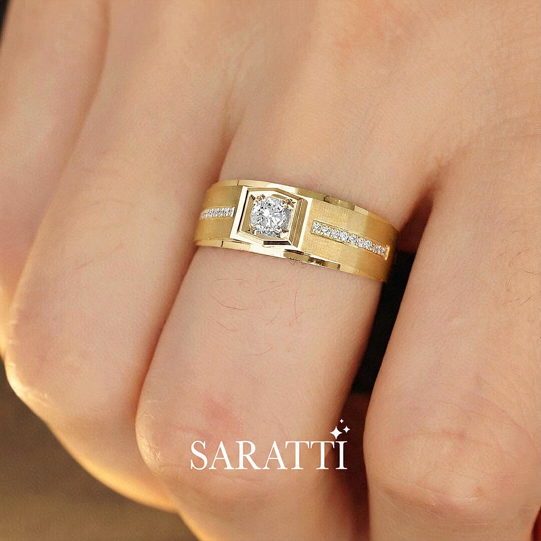 Animus Meraki men’s diamond ring with dual accent diamonds in 18K yellow gold | SARATTI