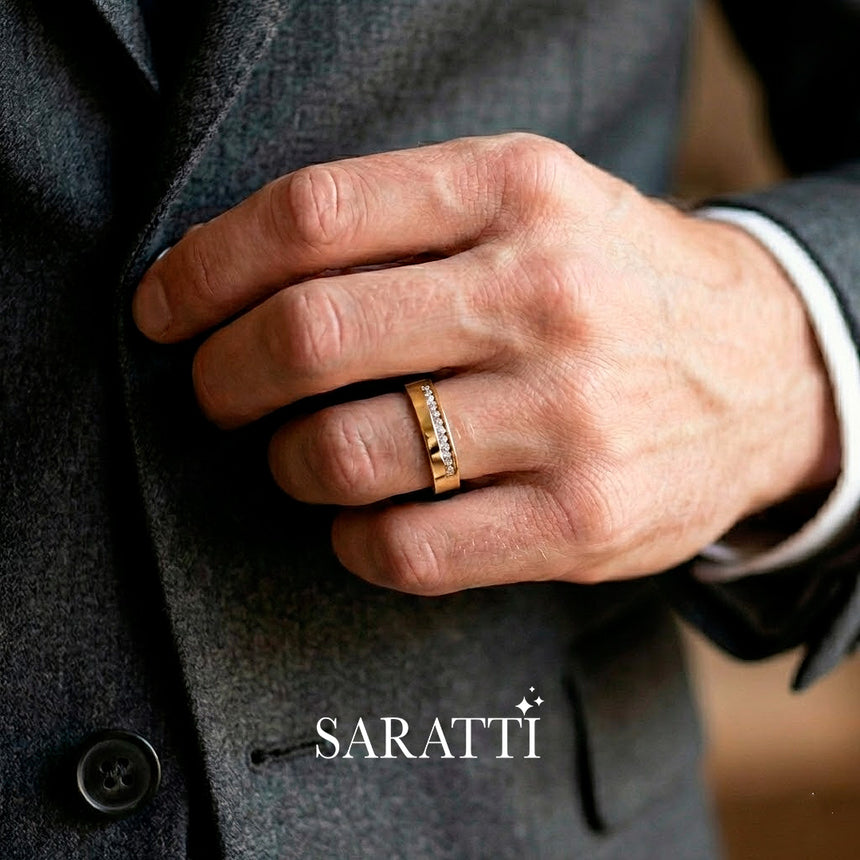 Thin mens wedding band half eternity diamond detail in 18K yellow gold | SARATTI