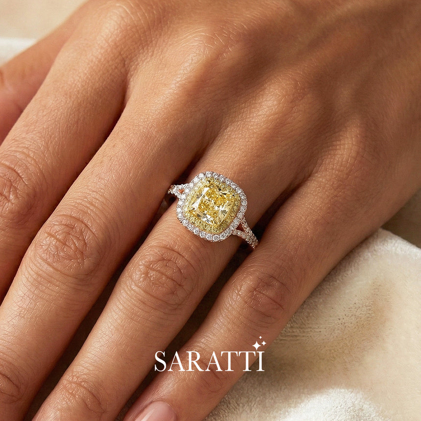 Cushion Fancy Yellow Split Shank diamond ring worn on hand luxury handcrafted ring in 18K rose gold | SARATTI