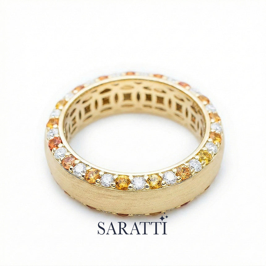 Mens sapphire wedding band orange sapphire and diamond edge detail in 18K yellow gold | SARATTI