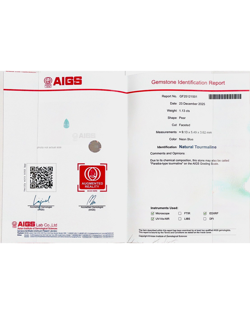 1.13 Carats Natural Paraiba Tourmaline | Pear - AIGS Certified