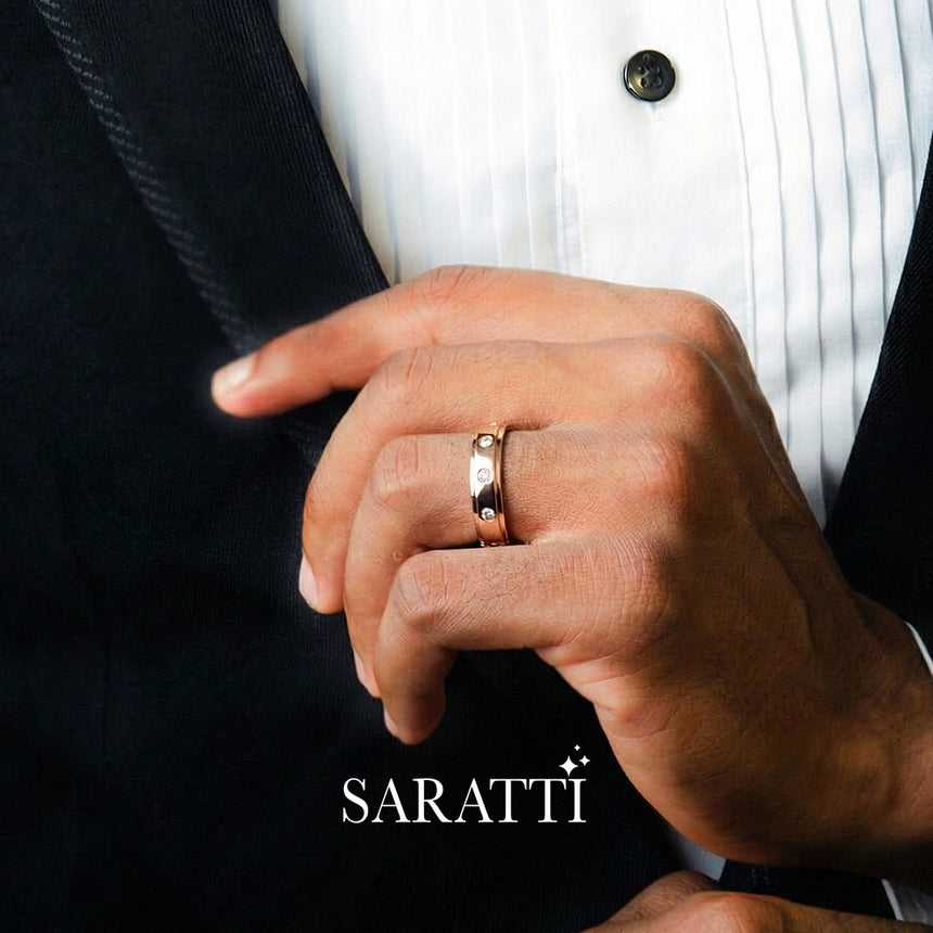 6mm mens wedding band with diamonds handcrafted ring in 18K rose gold | SARATTI