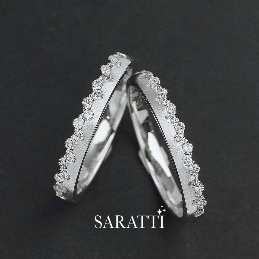 Two Princess Tiara Diamond Eternity Wedding Bands Side by Side | Saratti